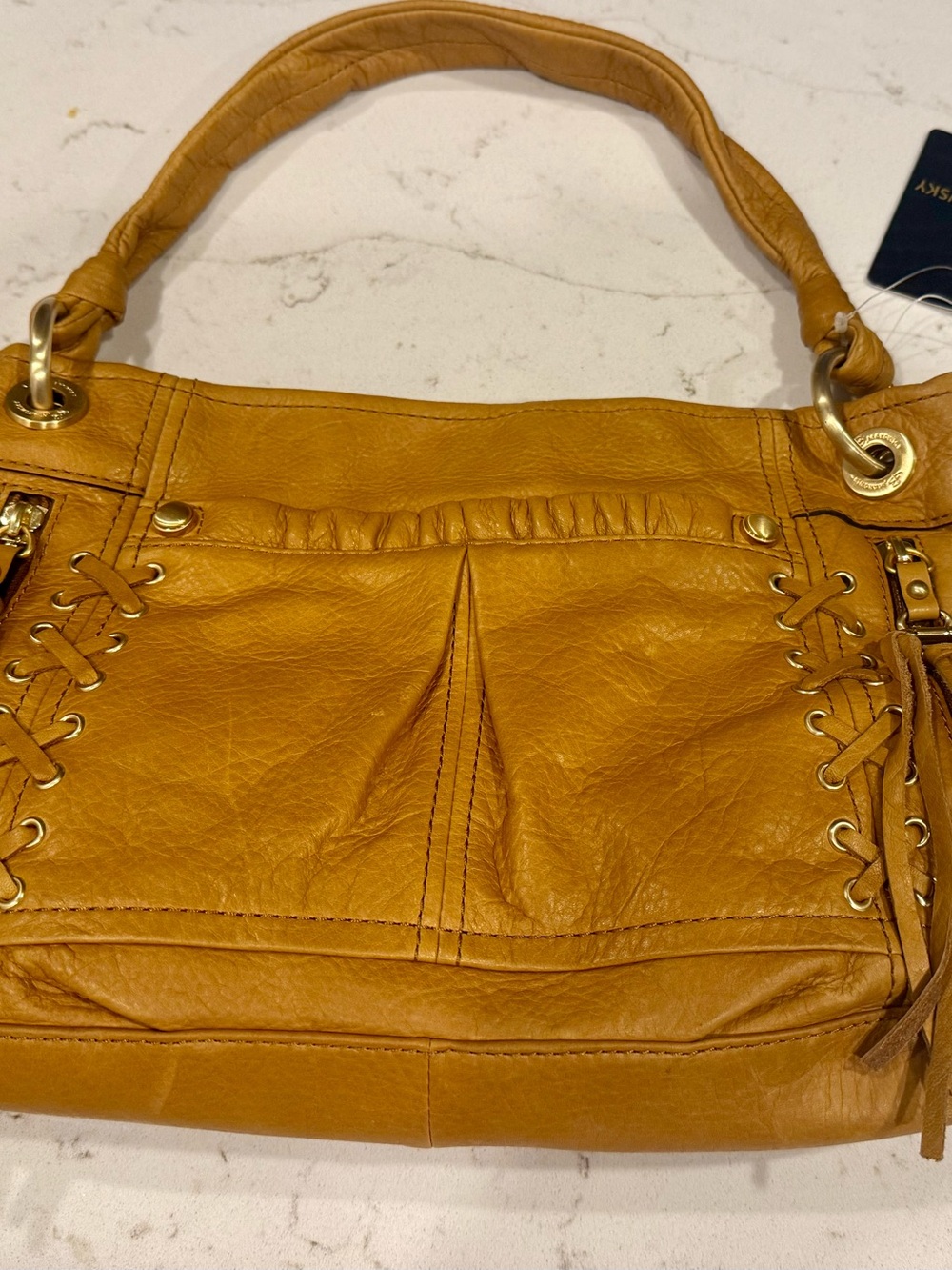 b. makowsky Mustard Leather Shoulder Bag with Braided Side Detail
